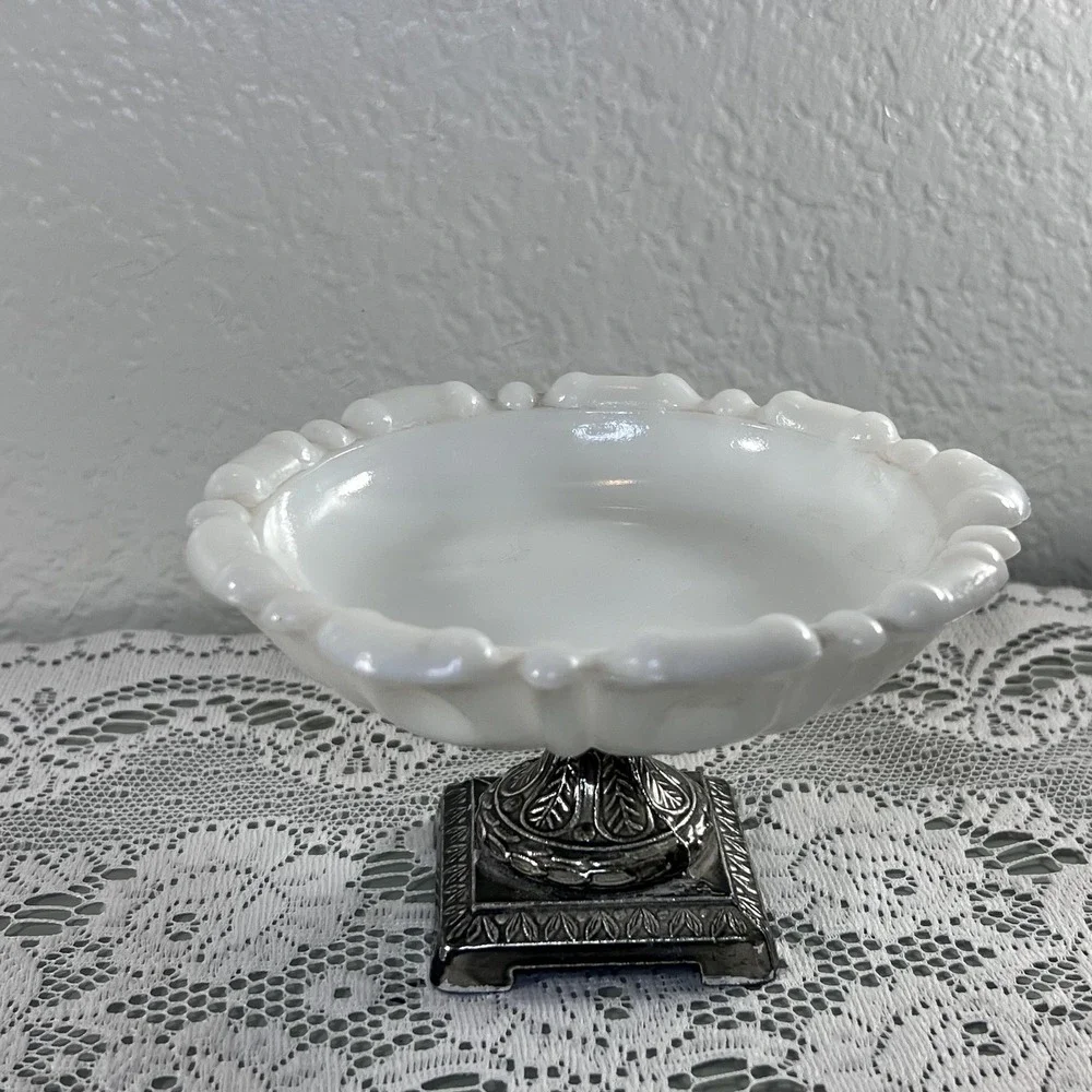Vintage pedestal dish white glass metal footed soap trinket tray